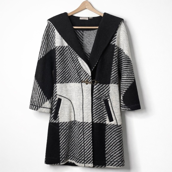 Kenar Jackets & Blazers - Kenar | Black White Wool Blend Color Pattern Block Hooded Cardigan Duster Coat S